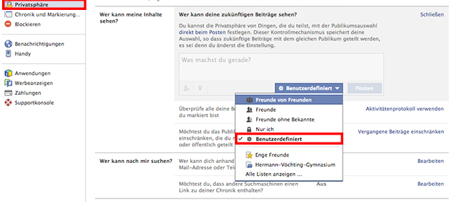 Facebook: Benutzerdefinierte Auswahl