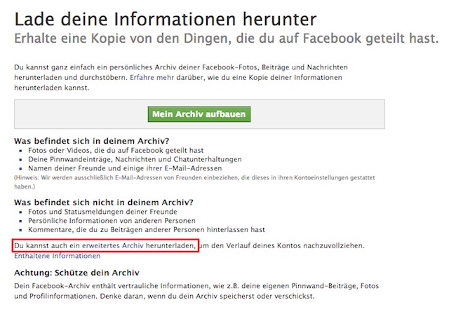 Facebook: Erweitertes Archiv herunterladen
