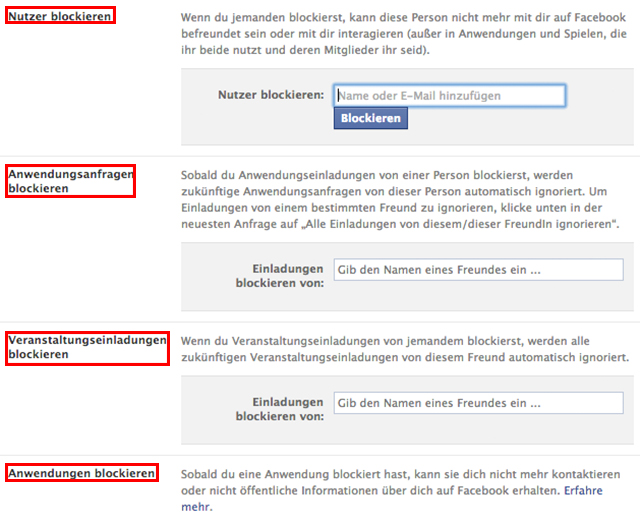 Facebook: Nutzer, Anwendungsfragen, Veranstaltungseinladungen und Anwendungen blockieren