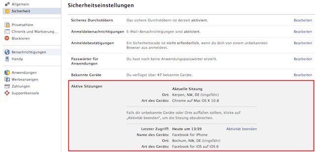 Facebook Sicherheit: Aktive Sitzungen